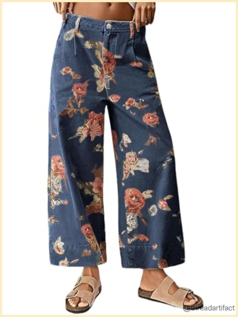 Mid Rise Cropped Wide Leg Floral Jeans Baggy Denim Capris Palazzo Boho